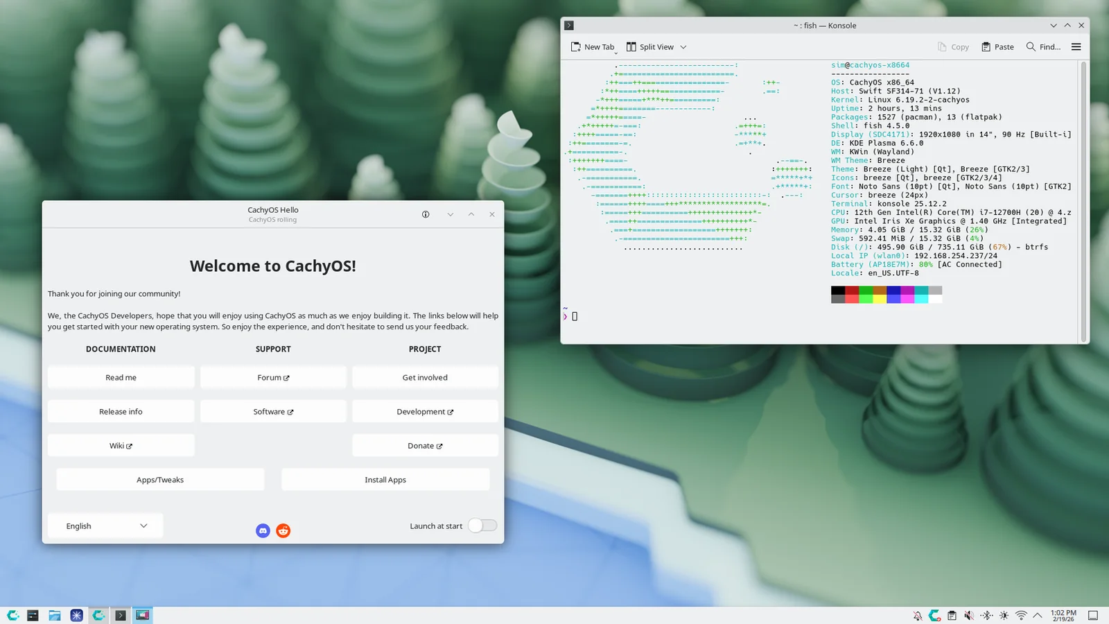 Official CachyOS KDE Plasma desktop with the CachyOS Hello welcome application, soft green wallpaper, and terminal