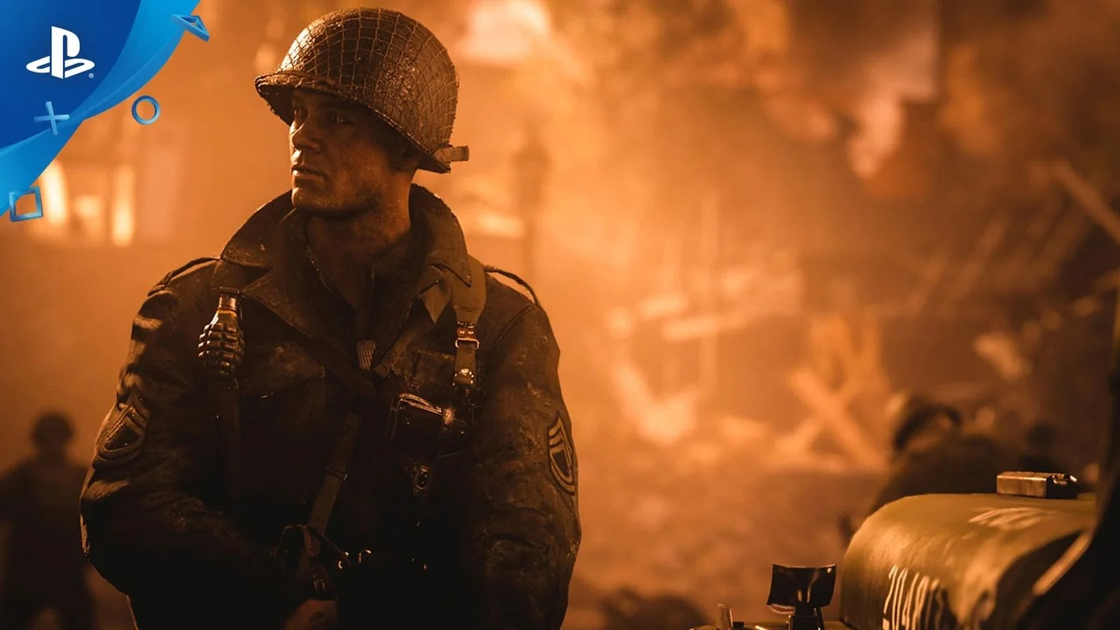 Official Call of Duty: WWII campaign artwork showing an American soldier against a burning battlefield