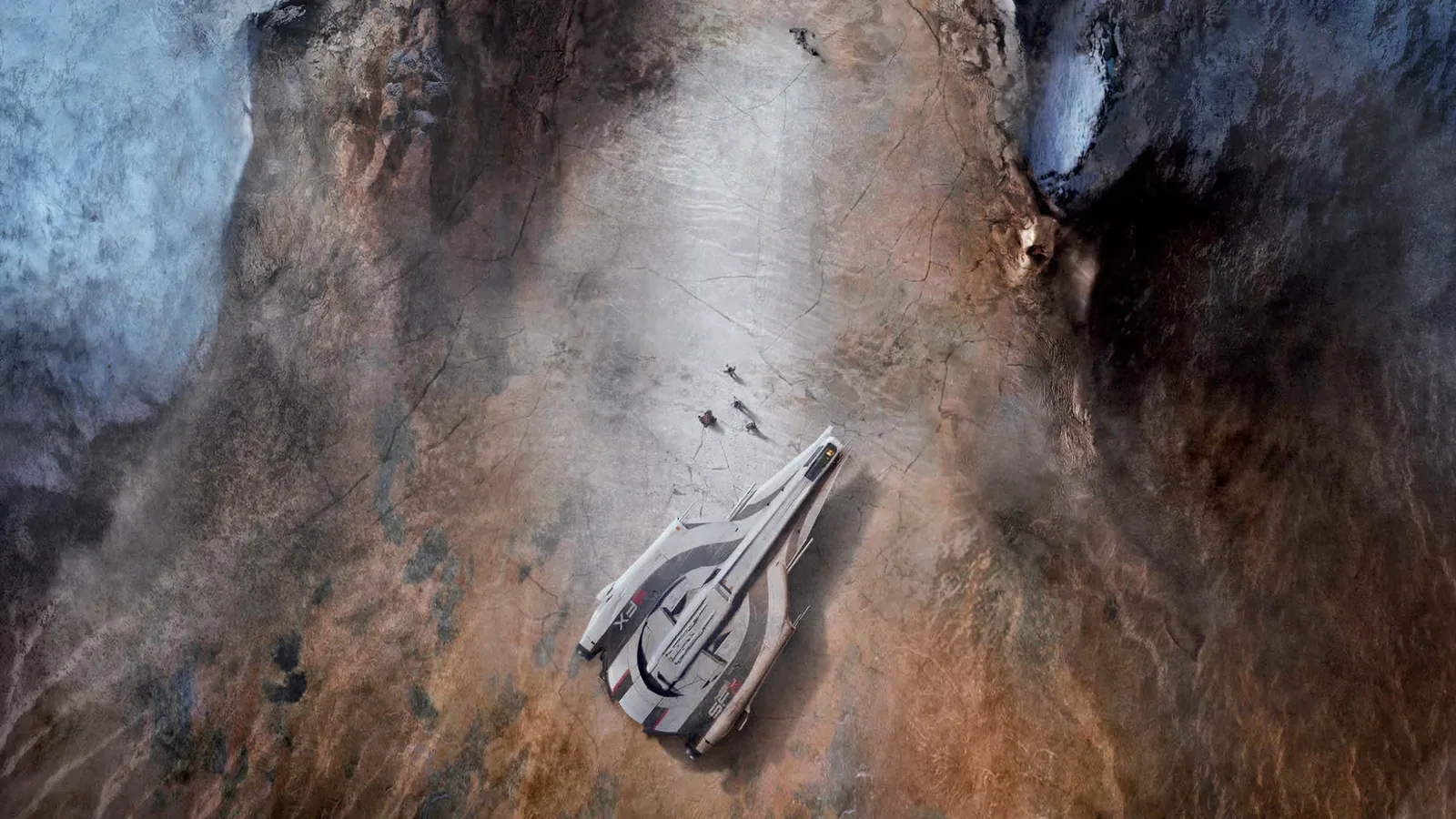 Mass Effect teaser artwork showing a futuristic spacecraft landed on a barren alien world with several characters