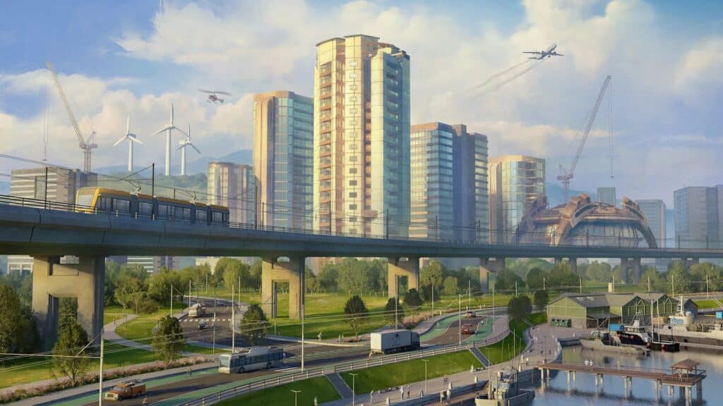 Cities: Skylines Expanded Edition Hits Switch 2 October 28 Official Cities: Skylines – Expanded Edition cityscape showing modern towers, transit lines, roads and waterfront