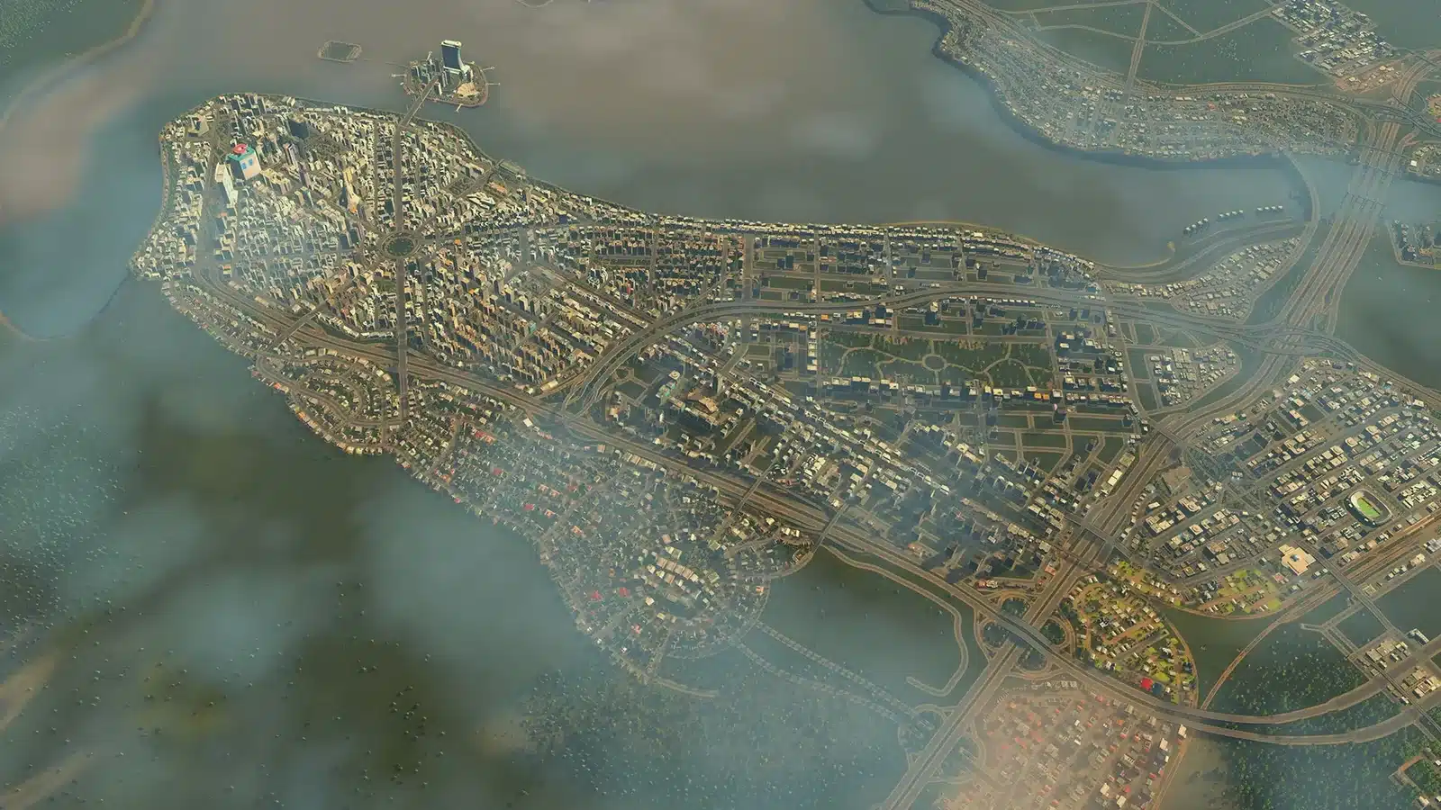 Official aerial gameplay screenshot showing a large coastal city spread across highways, districts and waterways