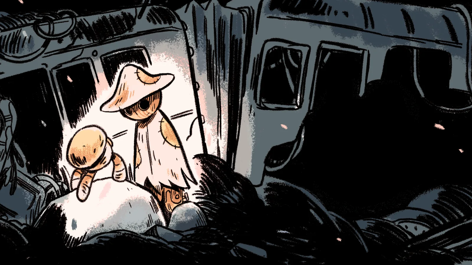 Official City of None promotional artwork featuring the game's two illustrated characters beside an abandoned train