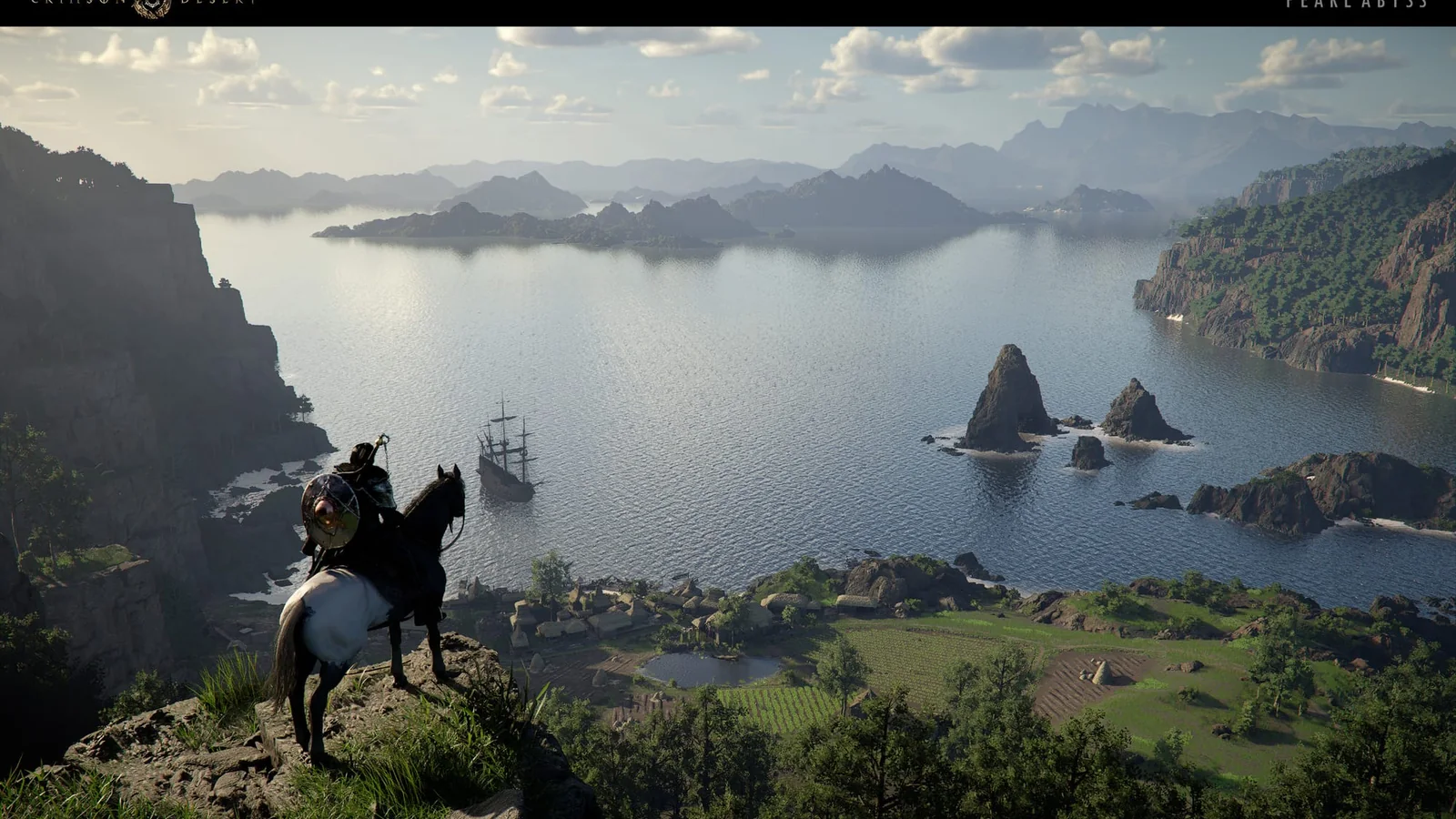Crimson Desert character on horseback overlooking a vast coastal bay, sailing ship, distant islands and mountains