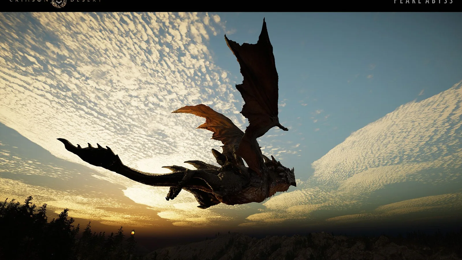 Crimson Desert warrior riding a flying dragon above a spectacular coastline, mountains, and forests