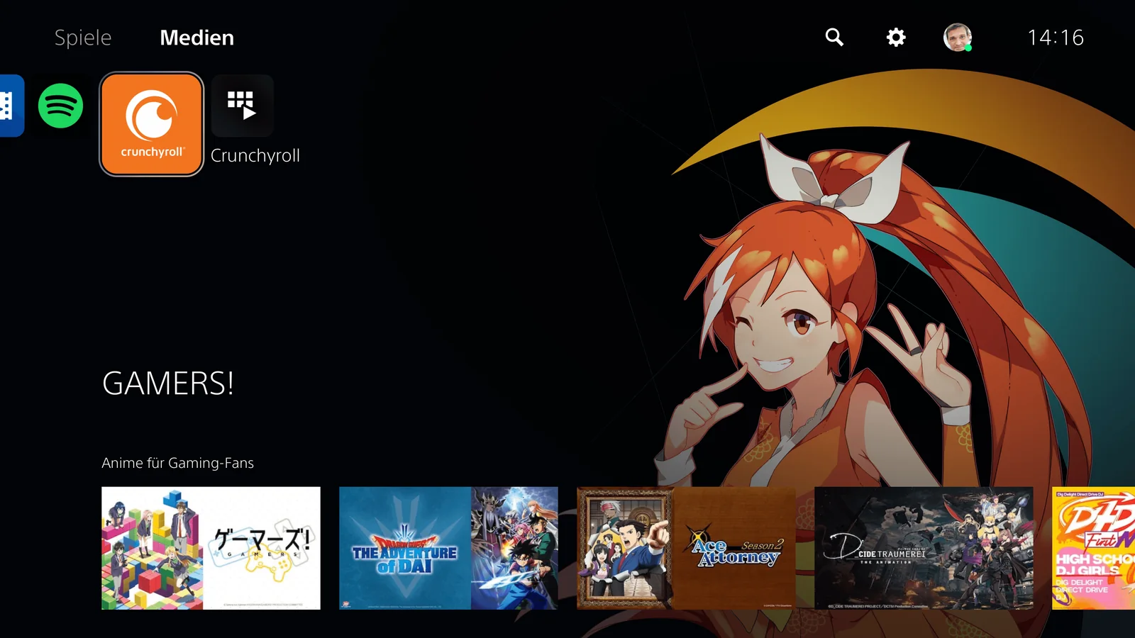 Official PS5 Crunchyroll interface showing the Crunchyroll app selected with anime recommendations for gaming fans