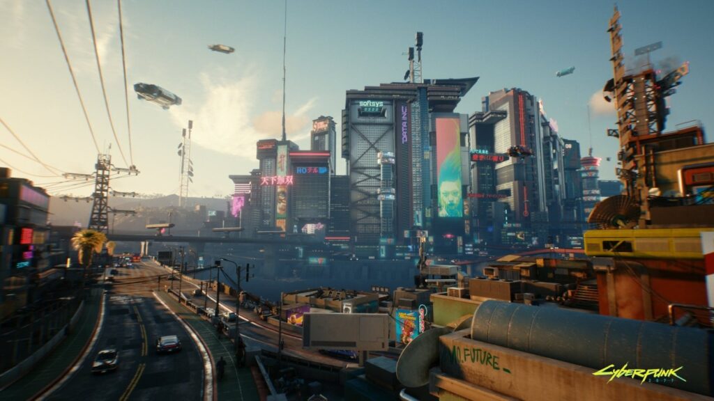 Cyberpunk 2 Job Listing Hints at Multiplayer Quest Support Panoramic daytime view of Cyberpunk 2077's Night City, with skyscrapers, aerial vehicles and elevated roads