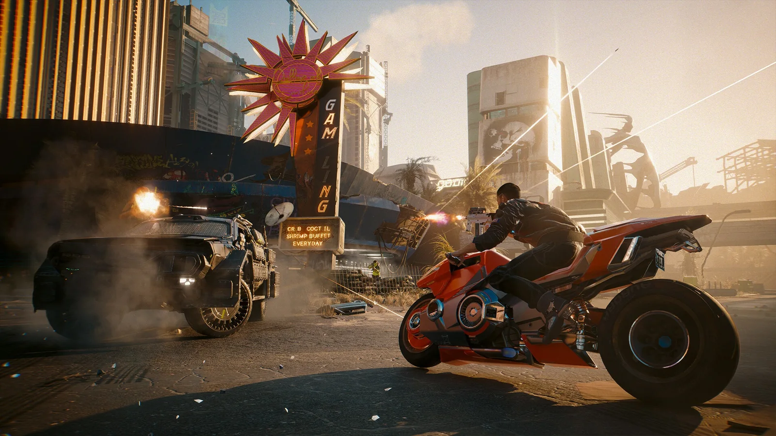 Cyberpunk 2077 gameplay screenshot featuring an armed motorcycle rider confronting an armored vehicle on a Night City