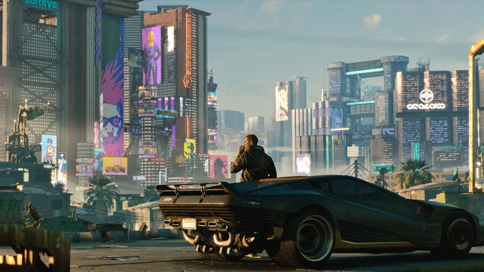V stands beside a futuristic sports car overlooking the skyscrapers and billboards of Night City