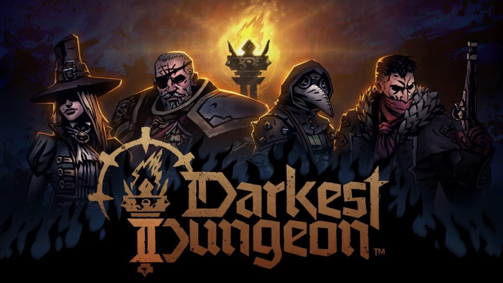 Official Darkest Dungeon II promotional artwork featuring the game's heroes against a dramatic fiery background