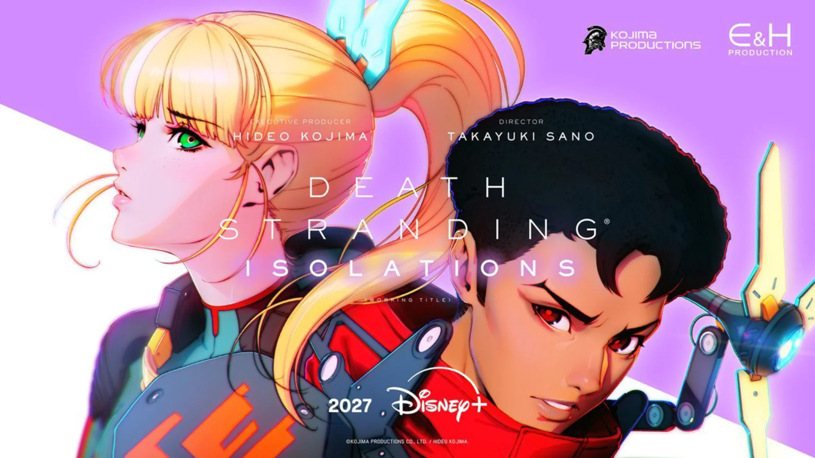 Original promotional character illustration for Death Stranding Isolations with its two anime leads and purple series