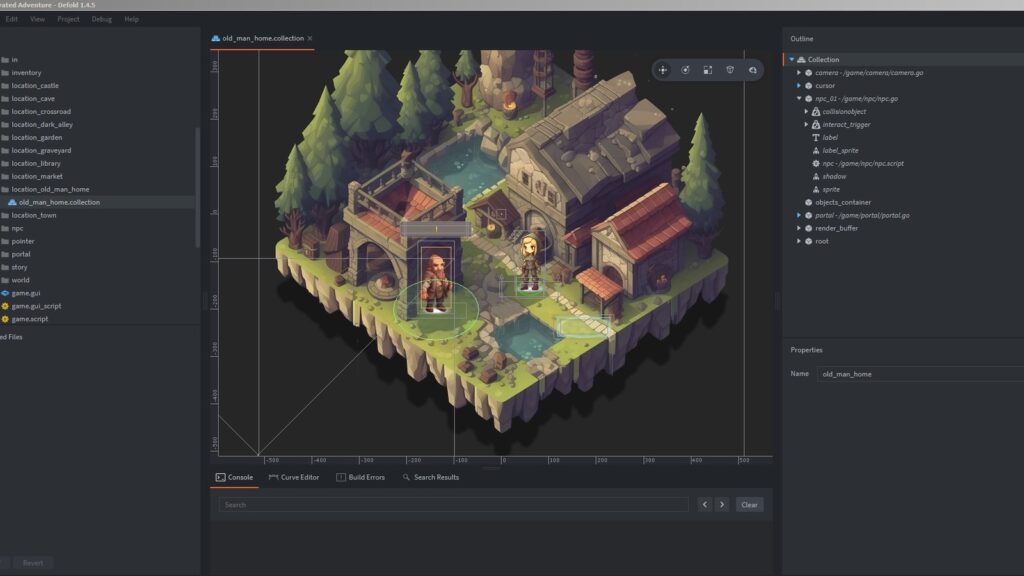 Defold 1.14.0 Adds Official Xbox Game Development Support Official Defold editor showing an isometric fantasy game scene with buildings, trees, water and characters