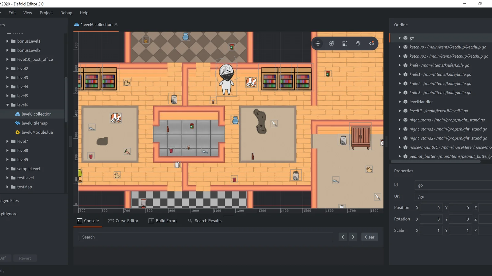 Defold editor displaying a top-down illustrated game level with indoor rooms, corridors and gameplay objects