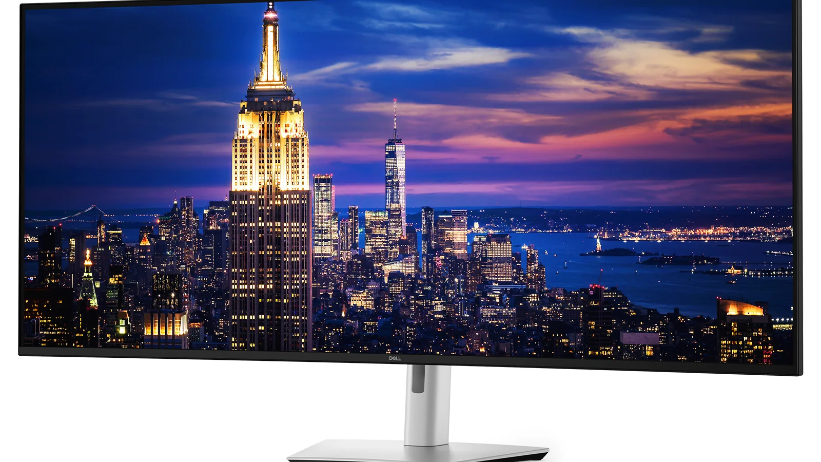 Dell UltraSharp 52-inch ultrawide monitor displaying the New York City skyline, photographed against a clean white