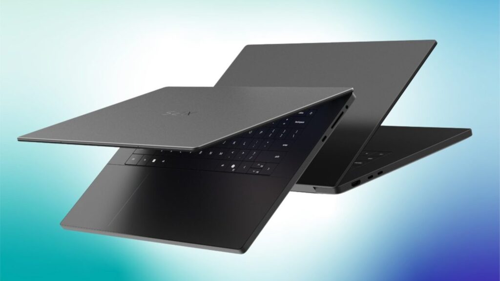 Clean promotional render showing multiple Dell XPS 16 Creator Edition laptops from different angles against a blue