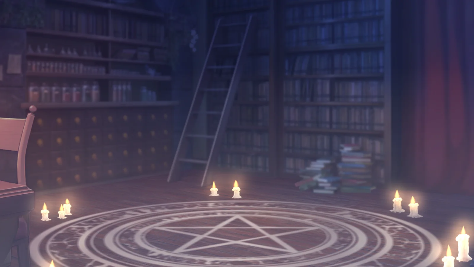 Official gameplay screenshot showing Devilun, the horned and winged demon, standing inside a candlelit magical library