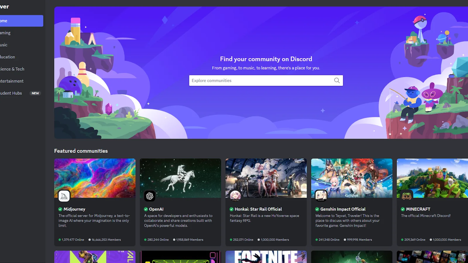Discord Server Discovery interface with a purple illustrated banner and gaming communities including Fortnite, Animal