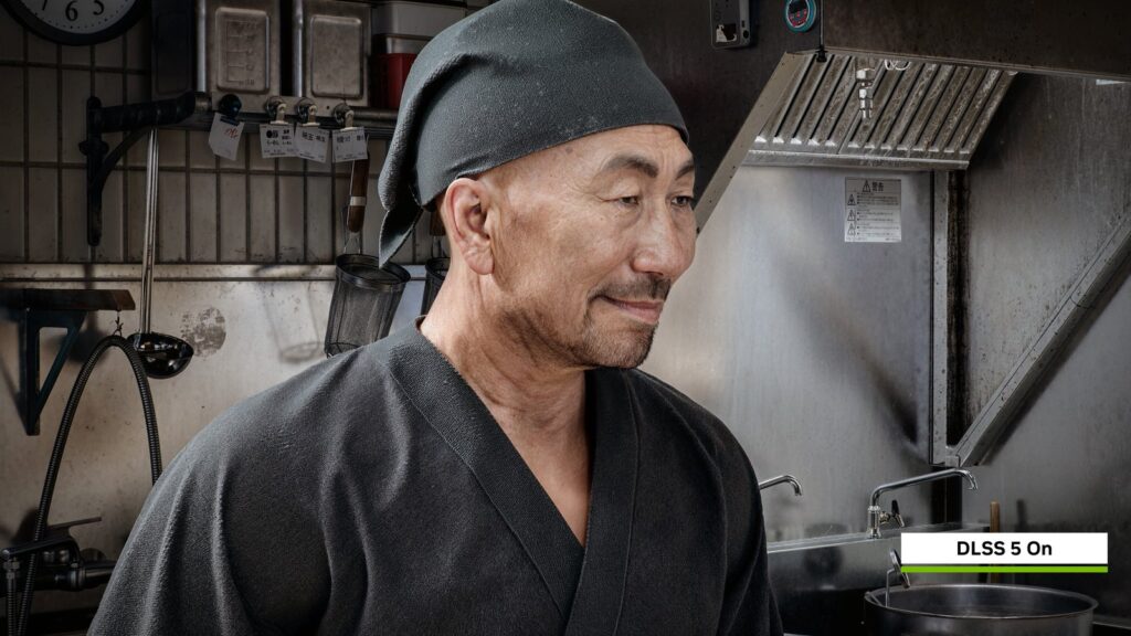 DLSS 5 Forced Into 50+ Games From Pong to Duke Nukem Official NVIDIA DLSS 5 comparison image showing a ramen chef with enhanced lighting and material detail
