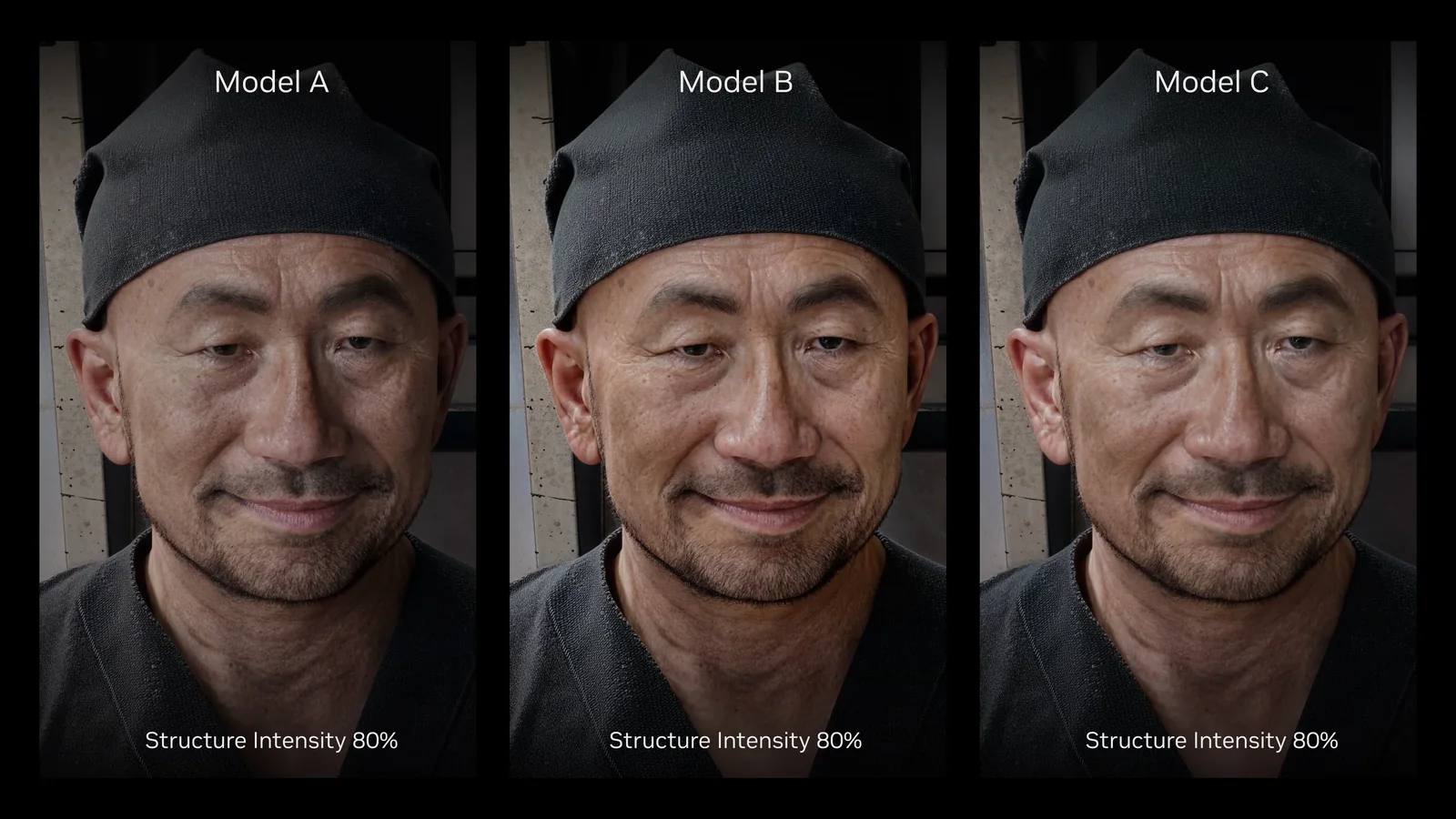 Official NVIDIA DLSS 5 image showing three neural rendering model variations applied to the same character
