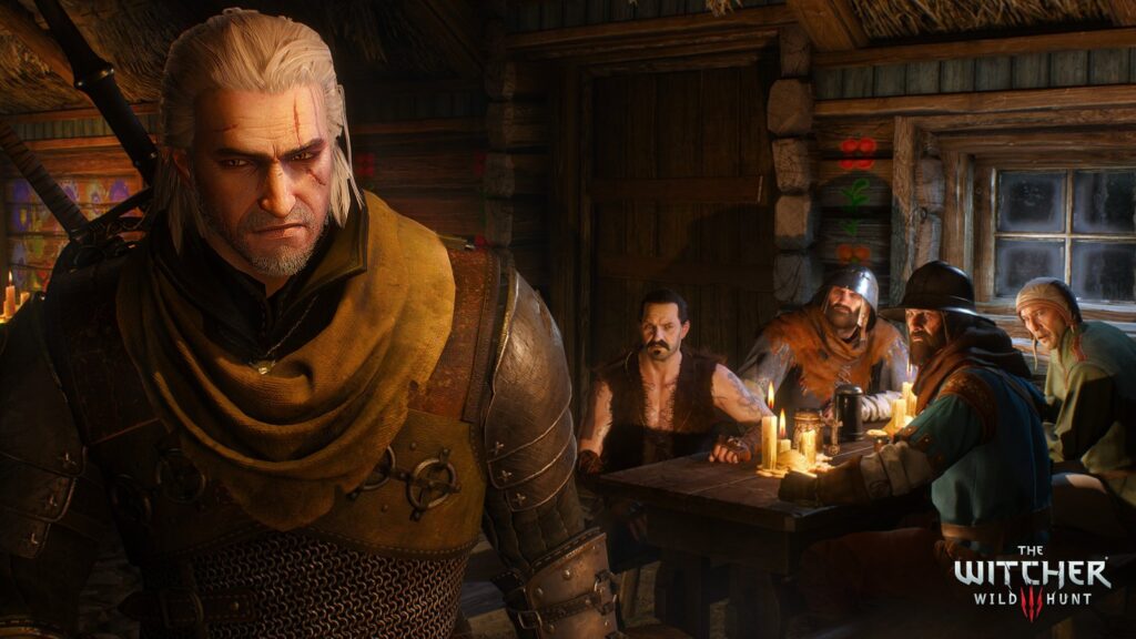 DLSS 5 Mod Tests Show Up to 90% Performance Gain in Witcher 3 Geralt of Rivia in a detailed close-up inside a warmly lit medieval interior