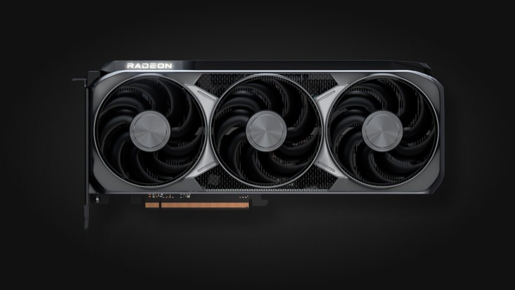 Official AMD Radeon RX 9070 XT graphics card shown against a dark background, with its triple-fan cooler and Radeon