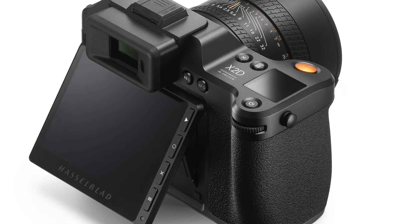 Hasselblad X2D 100C with XCD 55V lens shown from a rear three-quarter angle with the tilting display extended