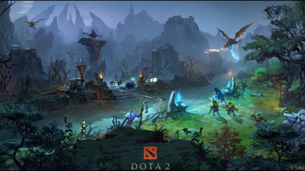 Dota 2 Surpasses 1.08 Million Steam Players, Highest Since 2016 Official Dota 2 promotional artwork showing heroes, creeps, a river crossing and a dramatic fantasy battlefield