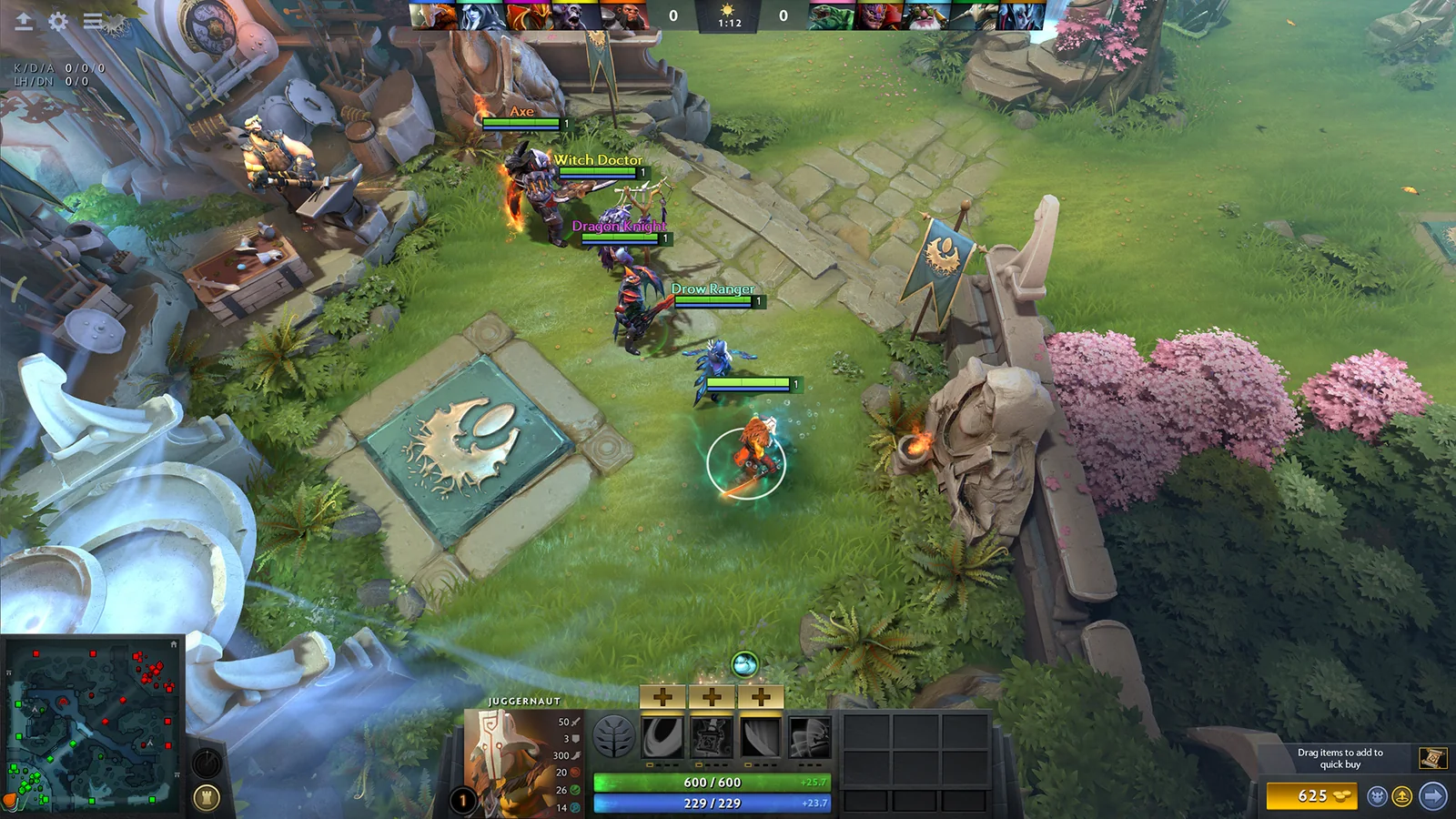 Five Dota 2 heroes, including Axe, Witch Doctor, Dragon Knight, Drow Ranger and Juggernaut, gathered at the Radiant