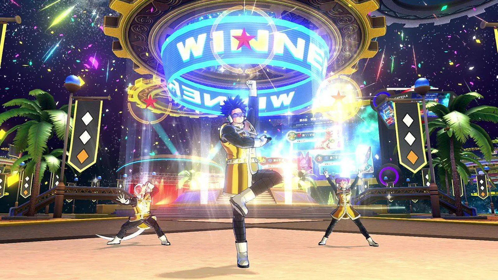 Official Festival of Universes gameplay screenshot showing three Time Patrollers celebrating beneath a glowing WINNER
