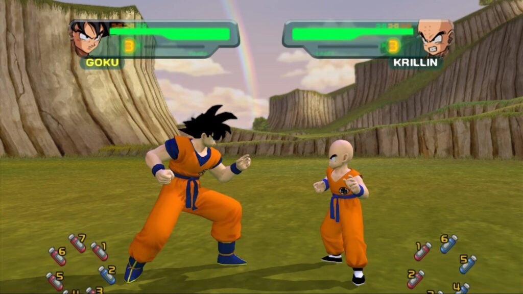 Dragon Ball Z: Budokai Gets Unofficial Browser Version Goku and Krillin facing each other in a grassy arena with rocky cliffs