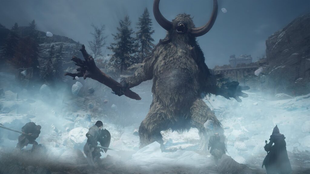 Dragon’s Dogma 2: Dark Arisen Reviews Point to Strong Reception Official Dark Arisen screenshot showing the party confronting a massive horned creature in the snowy Norgan region