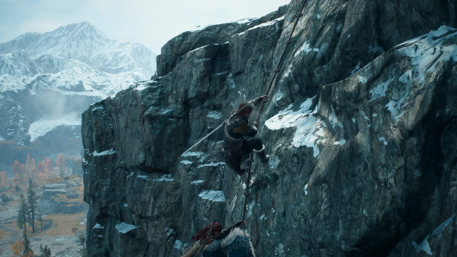 Dark Arisen screenshot showing the Arisen climbing a sheer snowy cliff in Norgan
