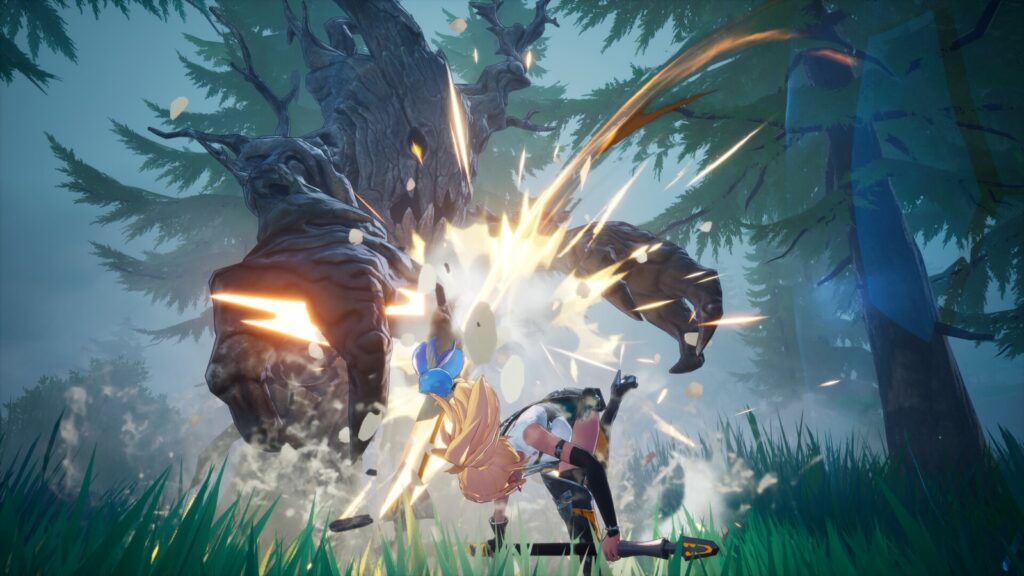 DragonSword: Awakening combat scene featuring a hero attacking a massive tree-like monster in a forest
