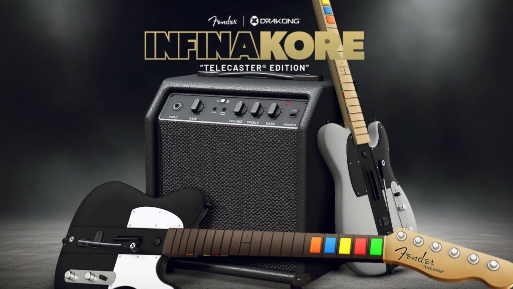 Drakong InfinaKore Guitar Controller Adds 3D-Printed Customization Official InfinaKore Telecaster guitar controller promotional image with amplifier and branded backdrop