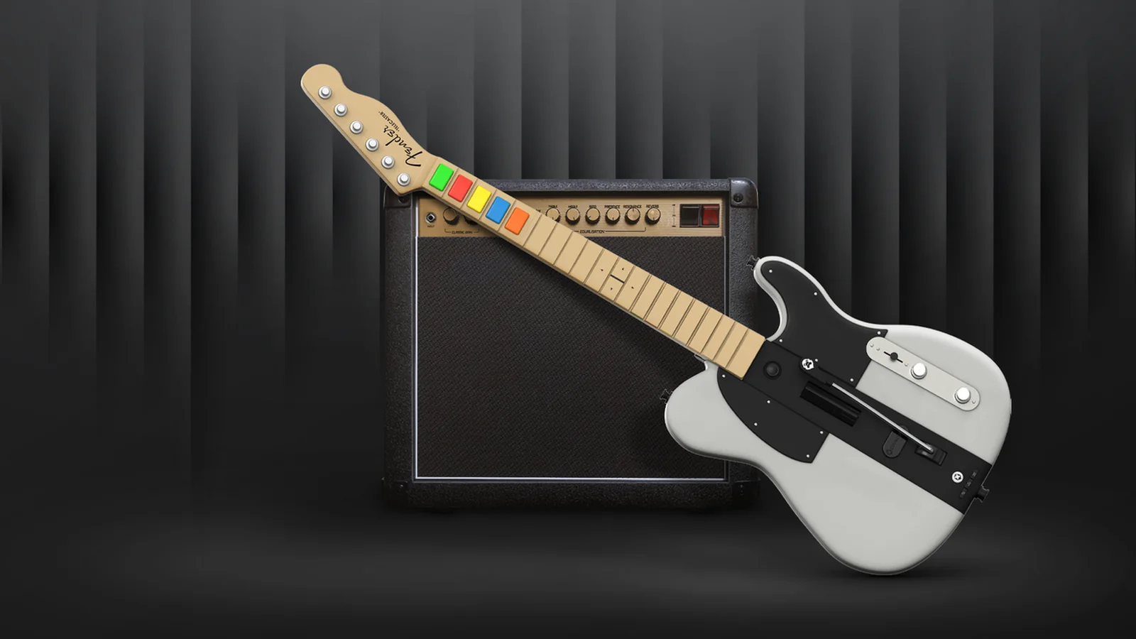 Official light-gray InfinaKore guitar controller positioned diagonally against a dark amplifier