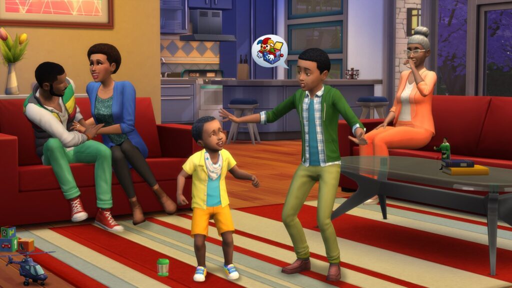 EA Pauses The Sims Project Lotus to Prioritize Project Evergreen Official The Sims 4 promotional screenshot showing a family spending time together in a living room