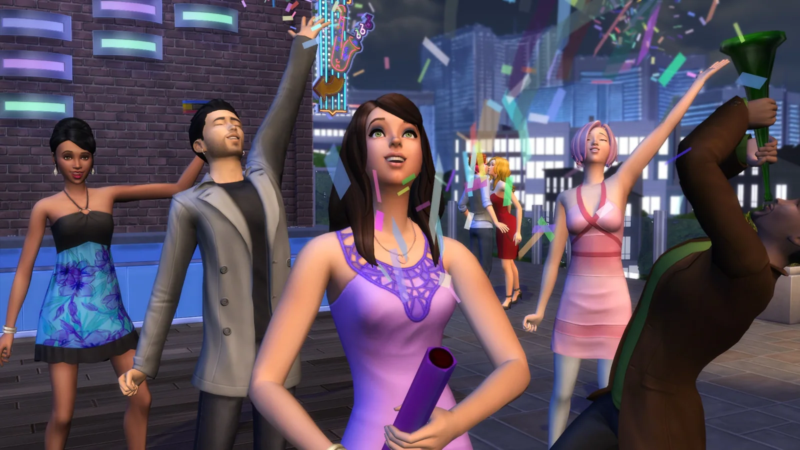 Official screenshot featuring several Sims celebrating outdoors with confetti