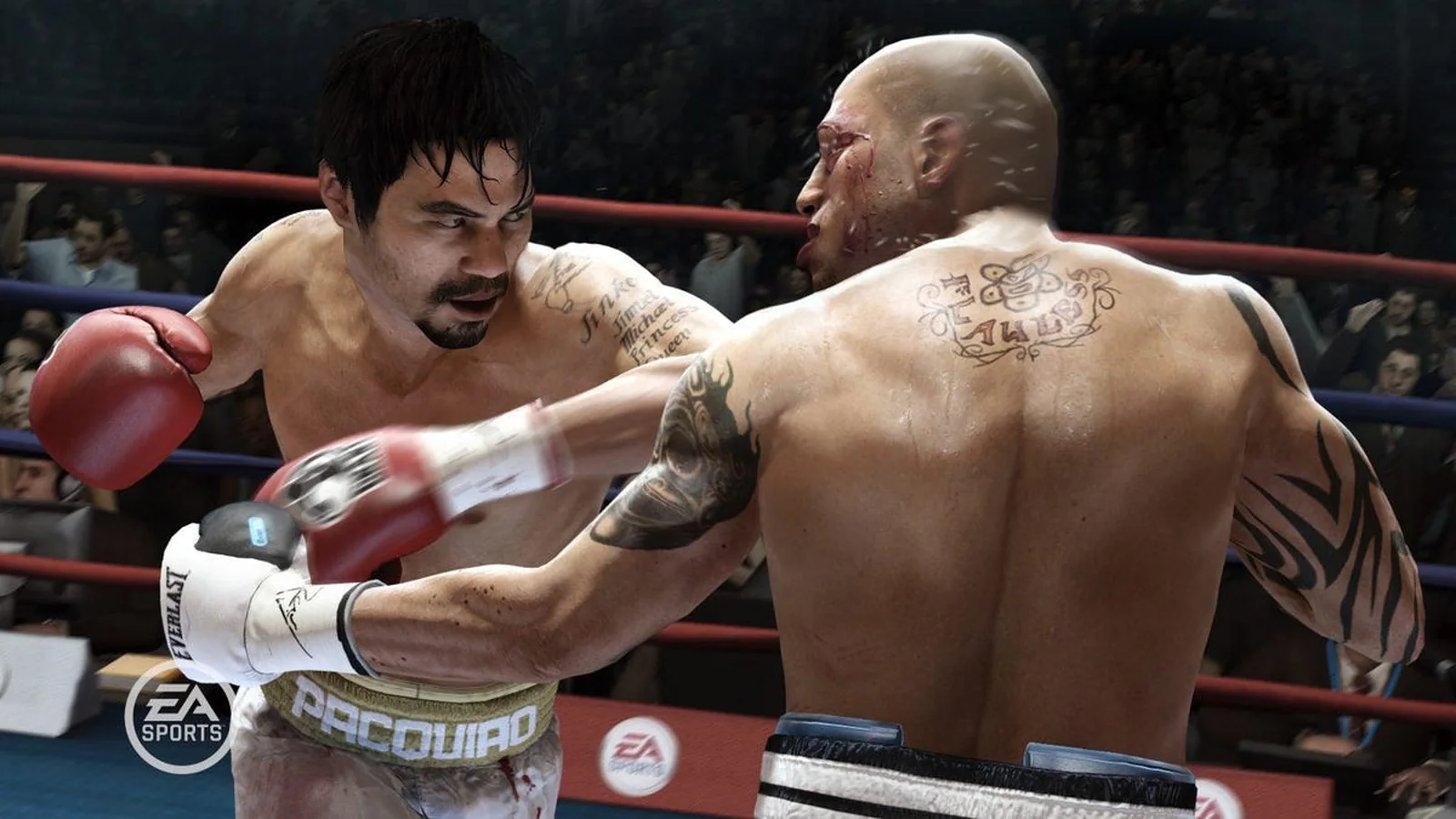 Fight Night Champion promotional gameplay screenshot showing Miguel Cotto punching Manny Pacquiao