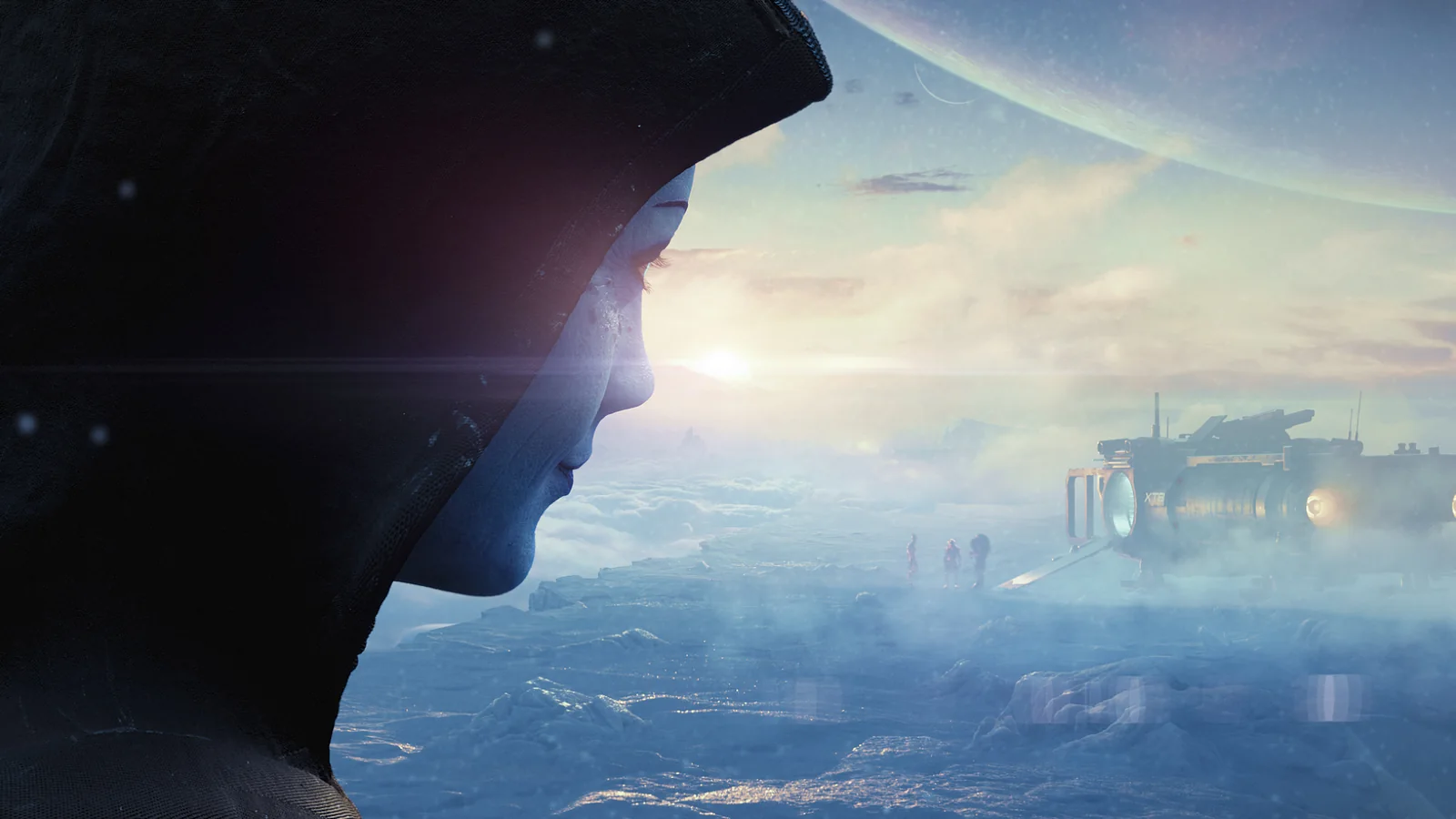 Mass Effect teaser concept art showing an alien planetary landscape, a spacecraft and distant explorers
