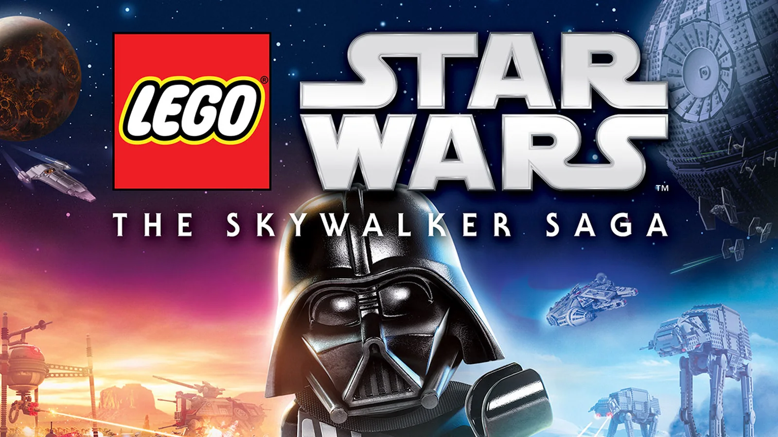 Official LEGO Star Wars: The Skywalker Saga game artwork and media gallery featuring characters and locations from the