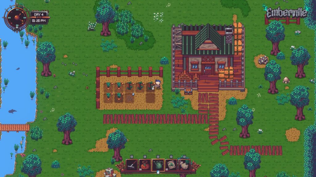 Emberville Early Access Delayed to January 7, 2027 Pixel-art farmstead with a wooden house, cultivated plots, surrounding trees, and an Emberville logo overlay