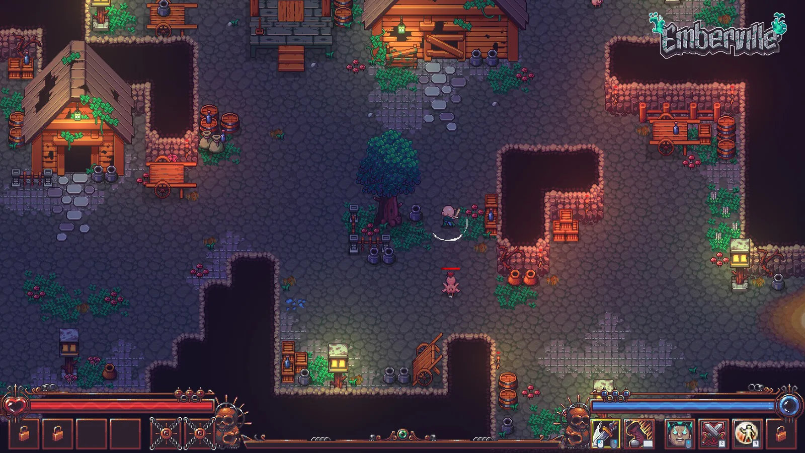 Pixel-art combat scene in a rocky dungeon with the protagonist confronting a small enemy near lanterns and abandoned