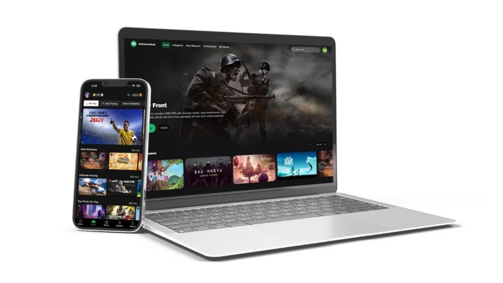 JioGames Cloud displayed on a laptop and smartphone showing game libraries and streaming interfaces