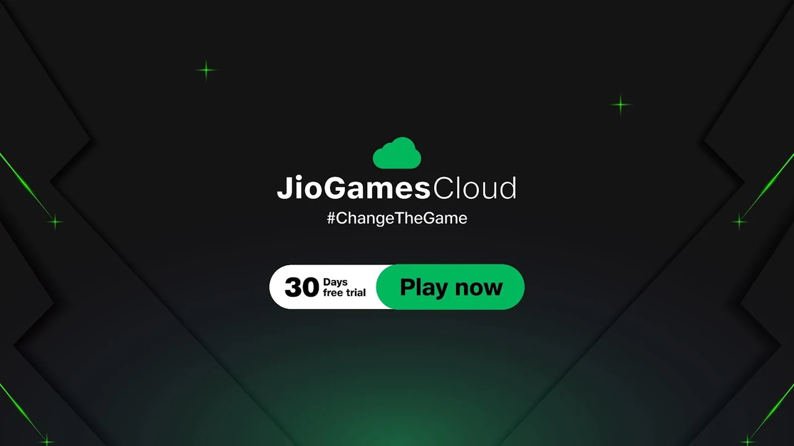 Official JioGamesCloud promotional banner with green cloud branding on a dark background