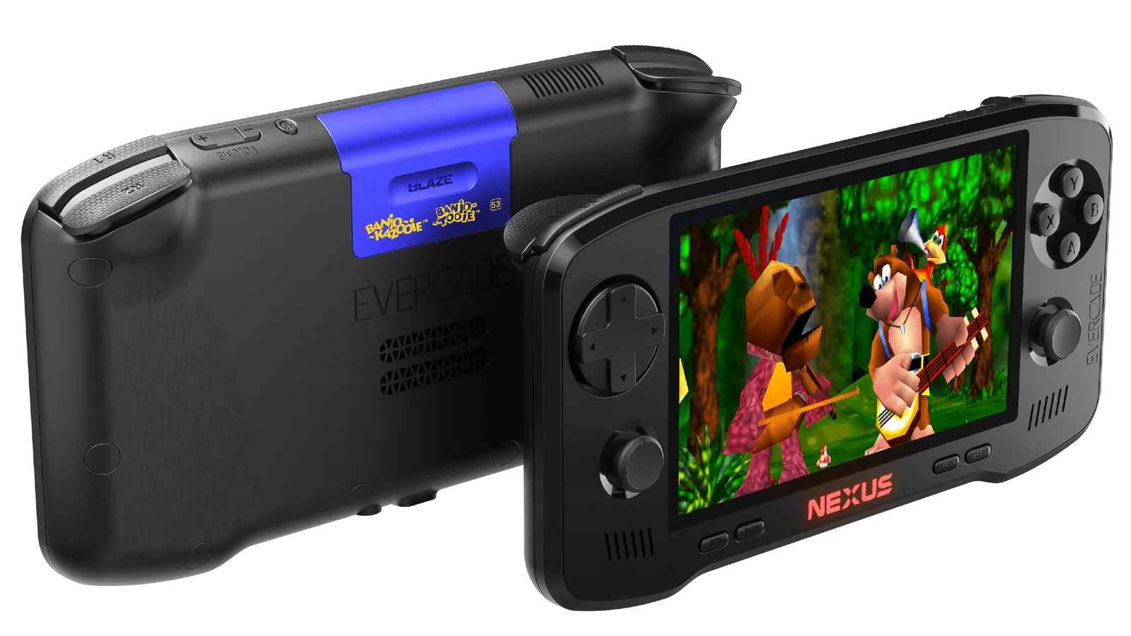 Evercade Nexus handheld photographed from front and rear angles, showing Banjo-Kazooie gameplay on the screen and the