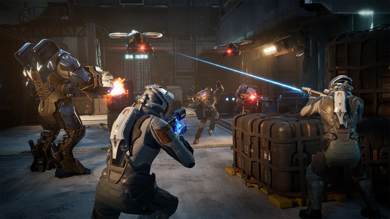 Armored EXODUS characters exchange fire with enemies inside a futuristic industrial facility