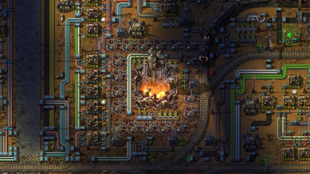 Official Factorio screenshot showing a rocket launching from an industrial factory, surrounded by conveyor belts