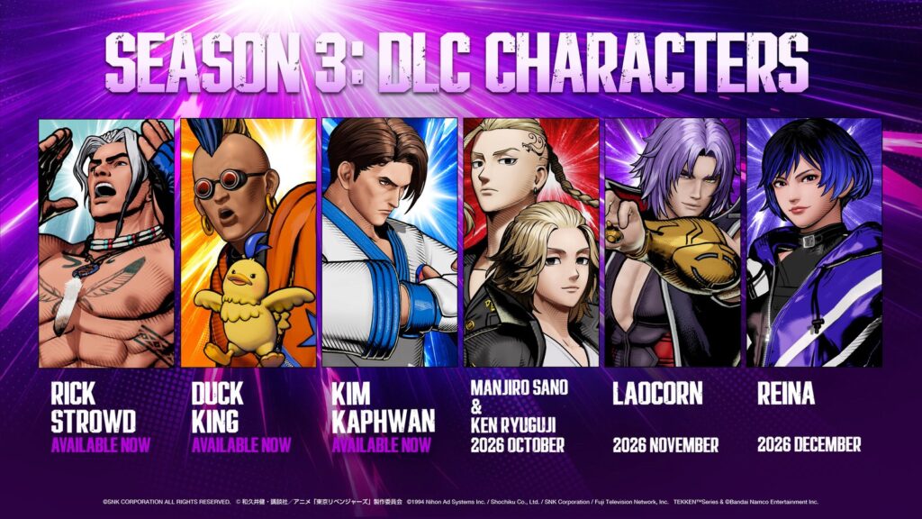 Tekken 8’s Reina Joins Fatal Fury: City of the Wolves in December Official Season 3 promotional artwork featuring Reina alongside Rick Strowd, Duck King, Kim Kaphwan, the Tokyo Revengers