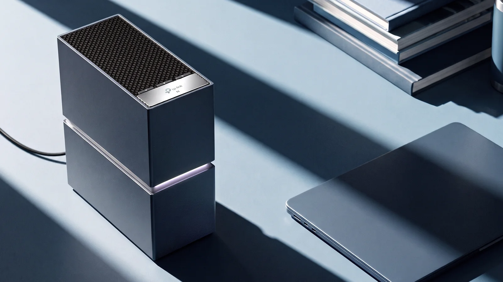 Official promotional imagery of the TP-Link Archer 8 Ultra Wi-Fi 8 router, featuring its minimalist design and