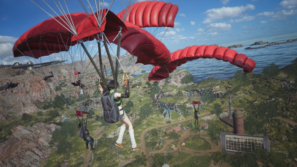 Characters parachuting over a vast mountainous landscape in Final Fantasy VII Revelation