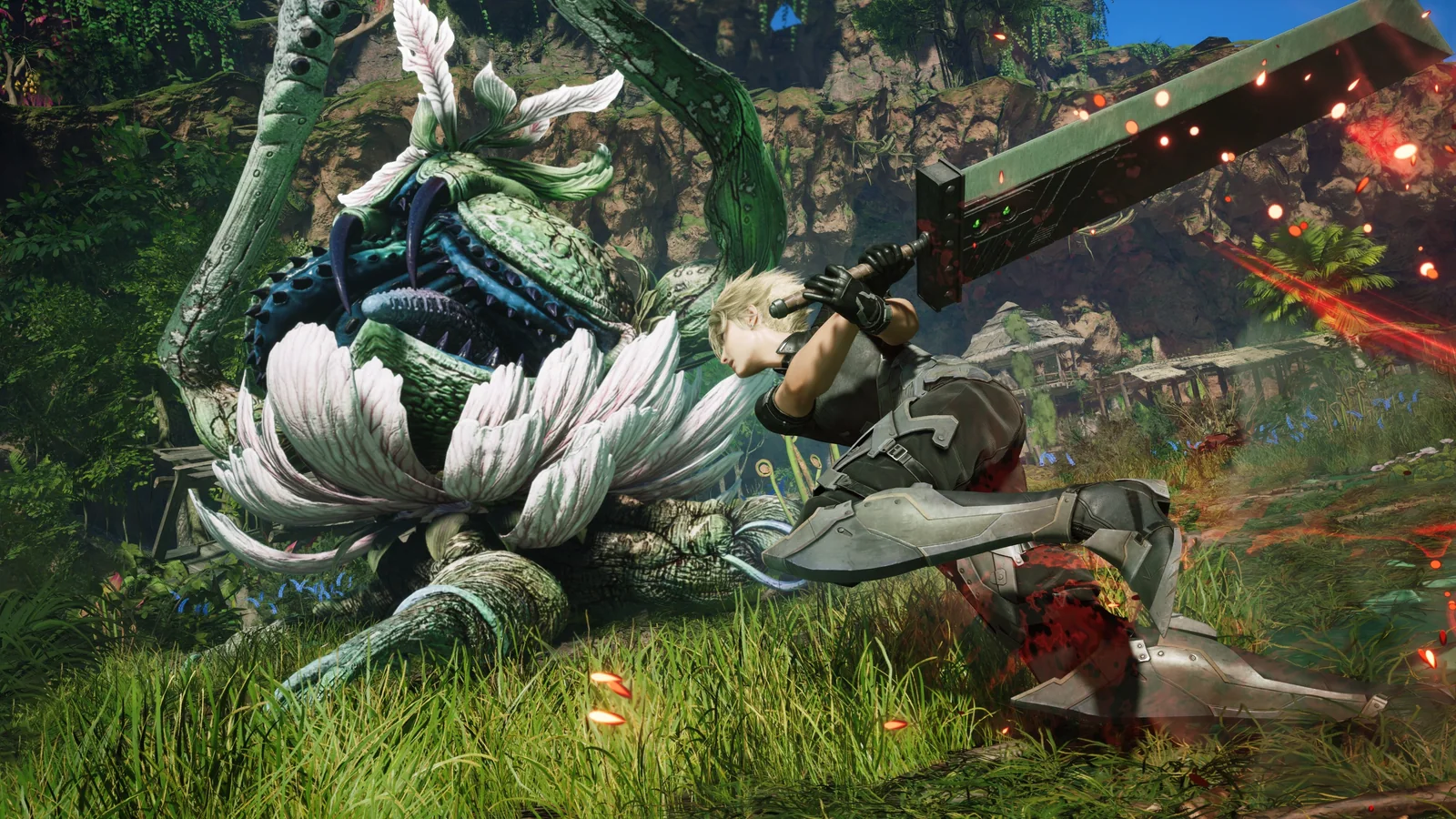 Cloud Strife battling a huge plant-like monster in a lush green environment